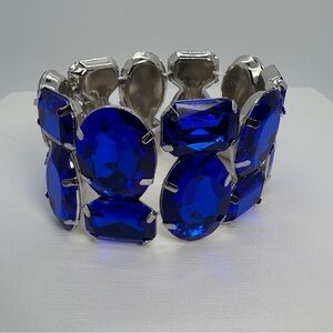 Wide Blue Crystal Geometric Silver Stretch Bracelet